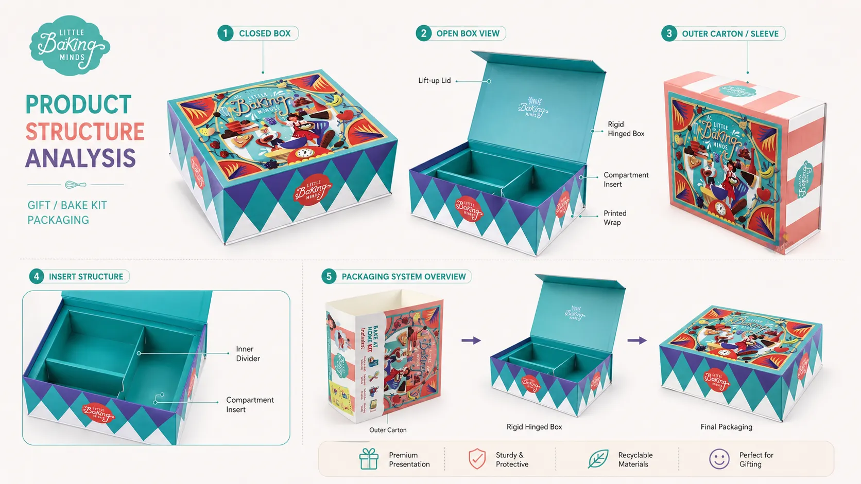 Custom Illustrated Magnetic Box – Rigid Magnetic Flip Box with Compartment Divider Insert, Full Color Print Packaging for Baking Kits & Craft Gift Sets-structure