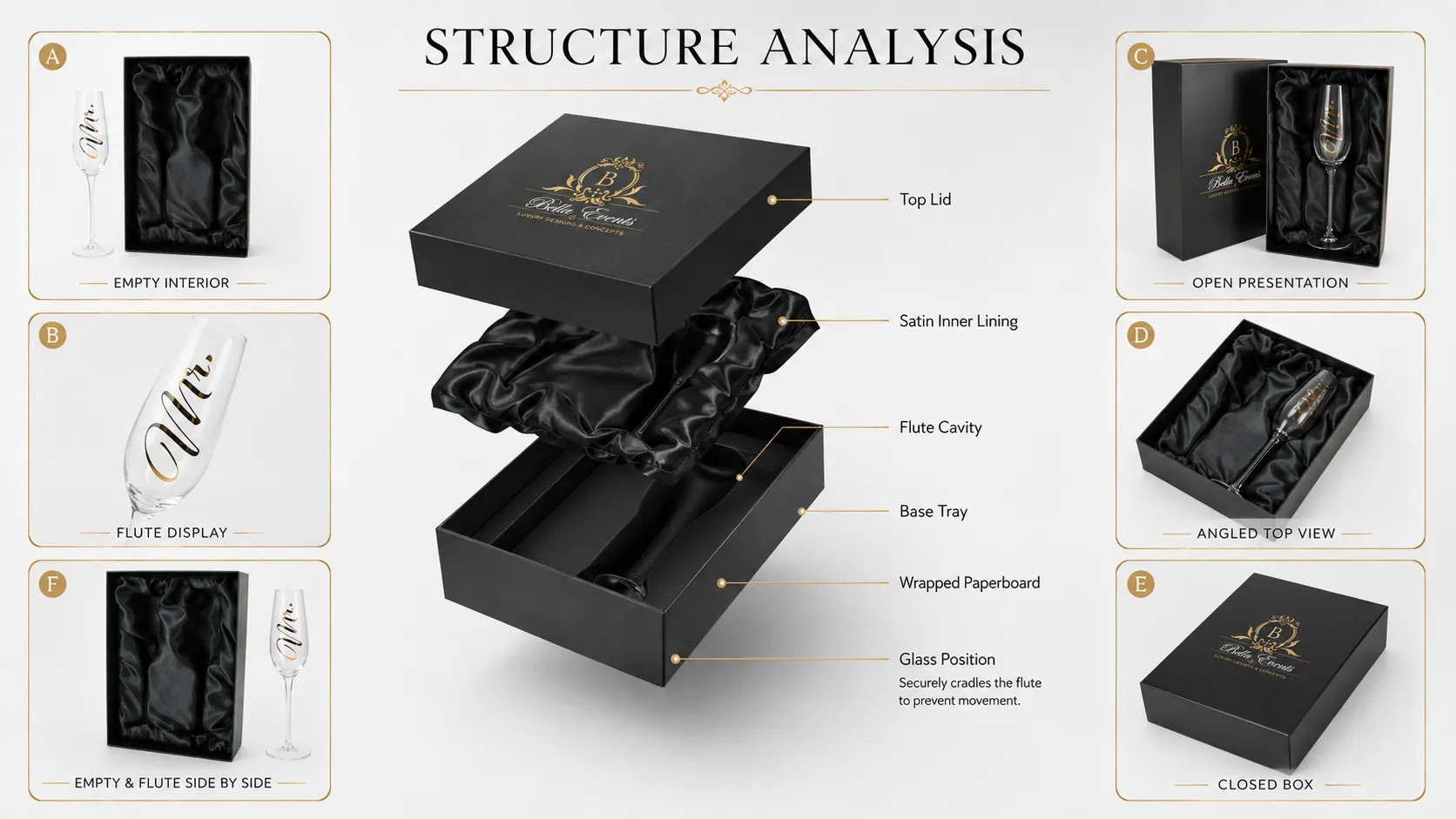 Lid And Base Rigid Box – Matte Black Luxury Gift Box with Black Satin Lining for Champagne Flute & Wine Glass Gifts-structure