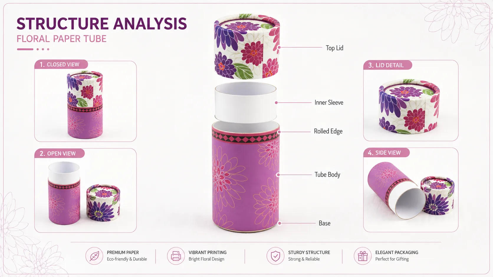 Cylinder Boxes – Floral Printed Round Paper Tube Box with Removable Lid for Cosmetics, Tea & Small Gift Products-structure