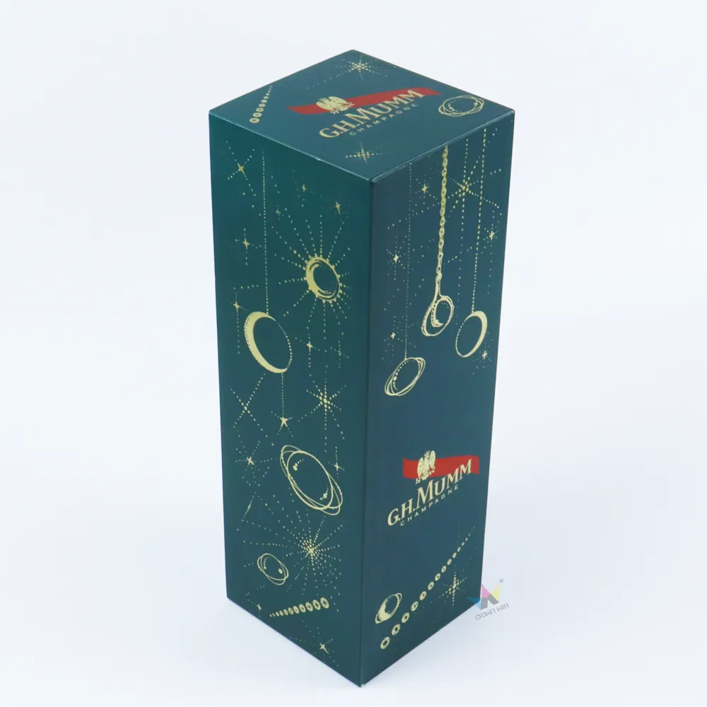 Tall closed rigid luxury gold foil slide drawer box, full starry celestial print for premium champagne gift drawer box packaging