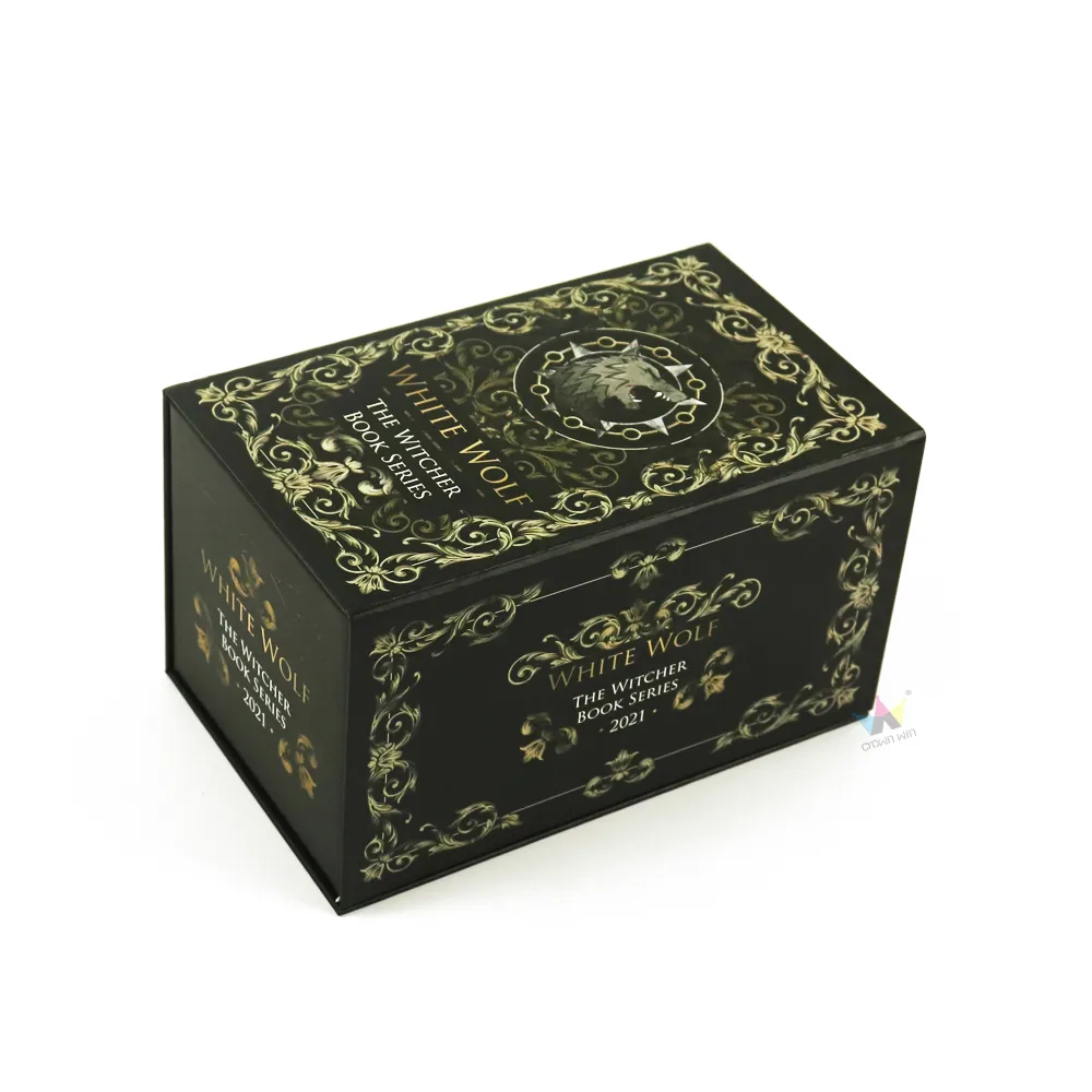 Tall upright hinged lid cosmetic boxes, dark matte surface with wolf emblem gold foil print side profile