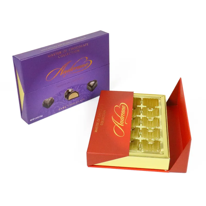 Three-color stacked closed double door box collection (red, purple, mint blue), full custom CMYK printed chocolate gift packaging line display