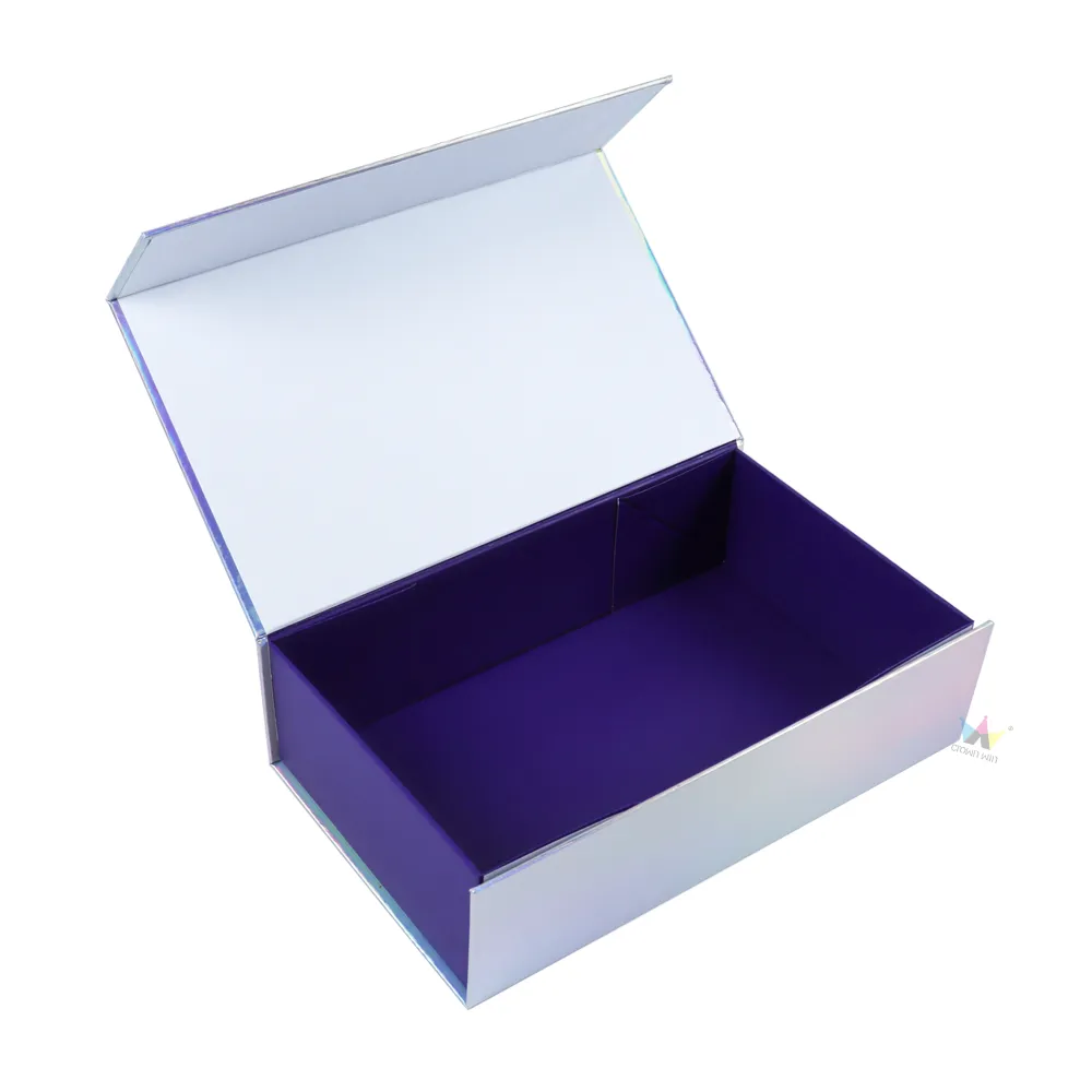 Three-quarter open shot of hologram one-piece folding box with white printed inner flip lid and deep purple storage compartment