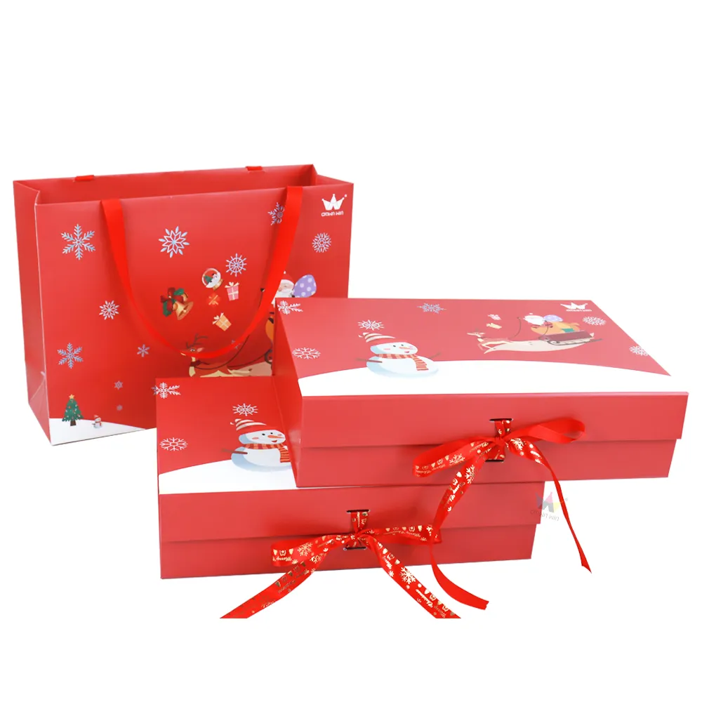 Closed three-quarter front view of red Christmas one piece folding box with holiday cartoon artwork