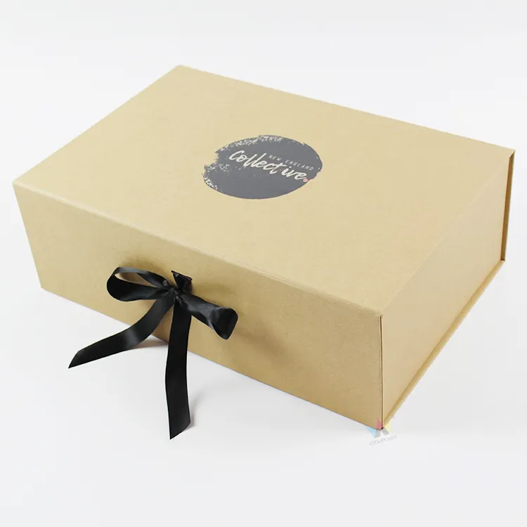 Three-quarter closed front view of kraft one piece folding box, minimalist eco-friendly foldable retail gift packaging