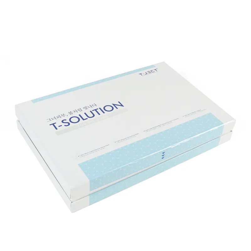 Three-quarter open display of luxury magnetic flip lid skincare gift box, complete multi-item beauty treatment kit packaging