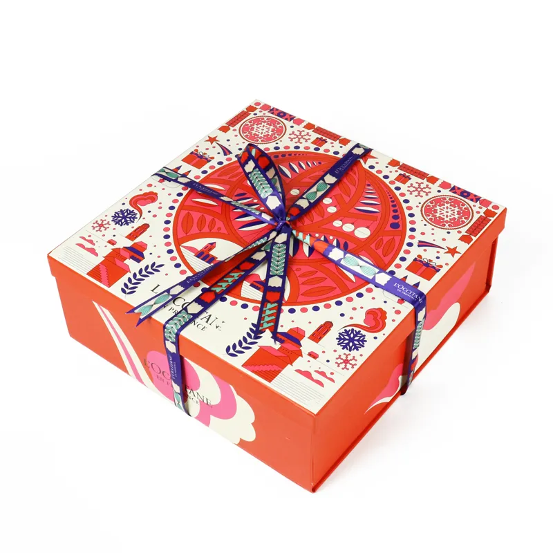 Three-quarter open display of bath and body care collection inside vibrant custom printed flip lid skincare packaging box