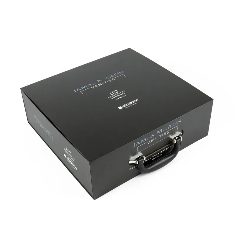 Wide open magnetic closure boxes with full custom printed material finish specification text on white inner lid panel, rigid sample kit magnetic closure boxes