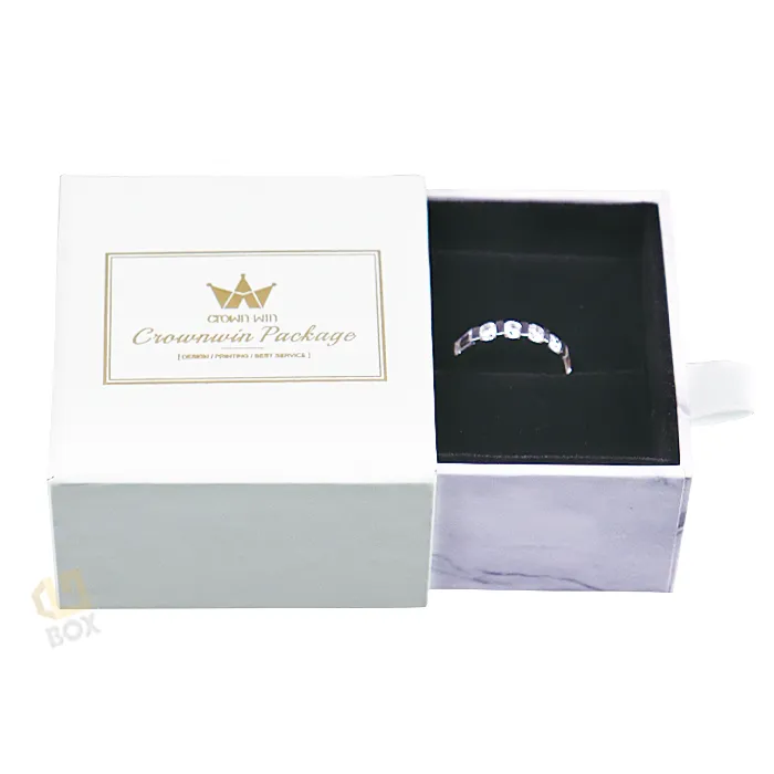 Three-quarter side profile marble texture slide tray jewelry drawer box, compact rigid gift drawer box for wedding bands