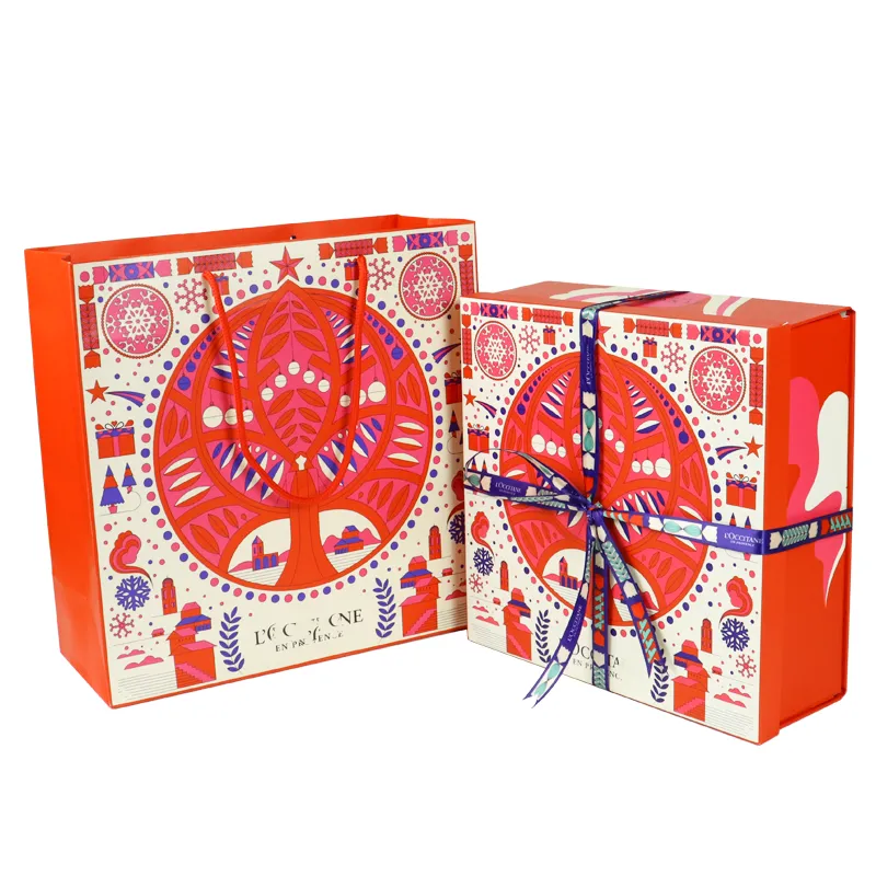 Square rigid skincare gift packaging box tied with printed ribbon, full custom illustrated top lid for holiday bath body sets