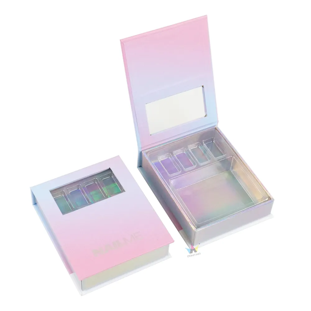 Tilted open magnetic window box packaging full interior shot, holographic multi-compartment tray for nail art supplies storage