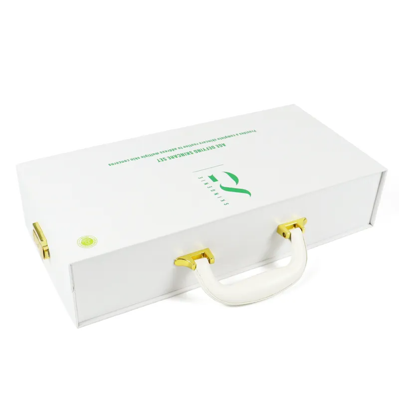 Slanted open magnetic closure rigid box, empty tailored EVA foam cavities for cosmetic products