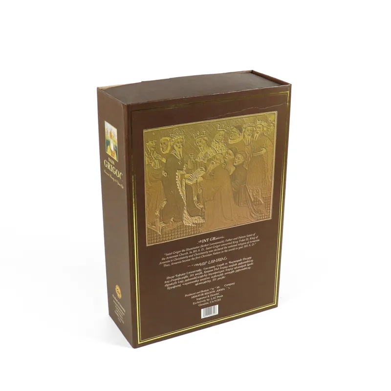 Slanted open double door rigid box featuring decorative wood-effect carved panel for premium liquor packaging