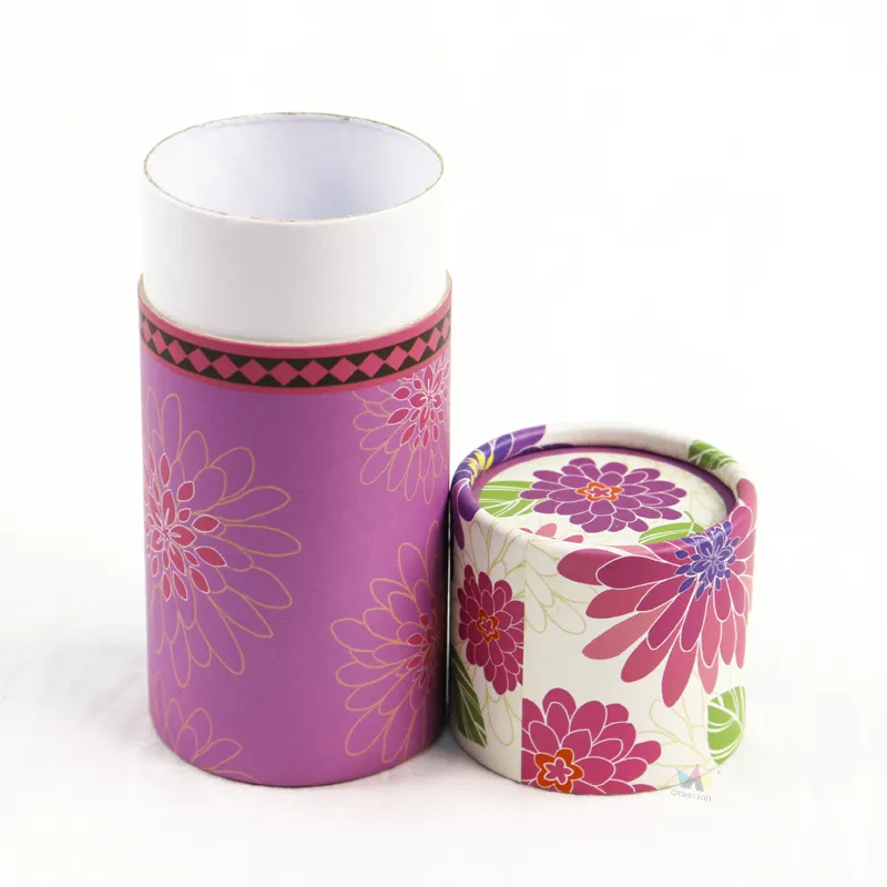Slanted view cylinder box with lifted floral printed lid, empty round paper tube container