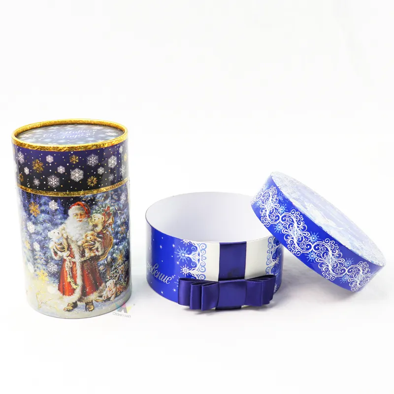 Slanted open cylinder boxes with lifted decorative round lid, eco-friendly festive gift tube packaging