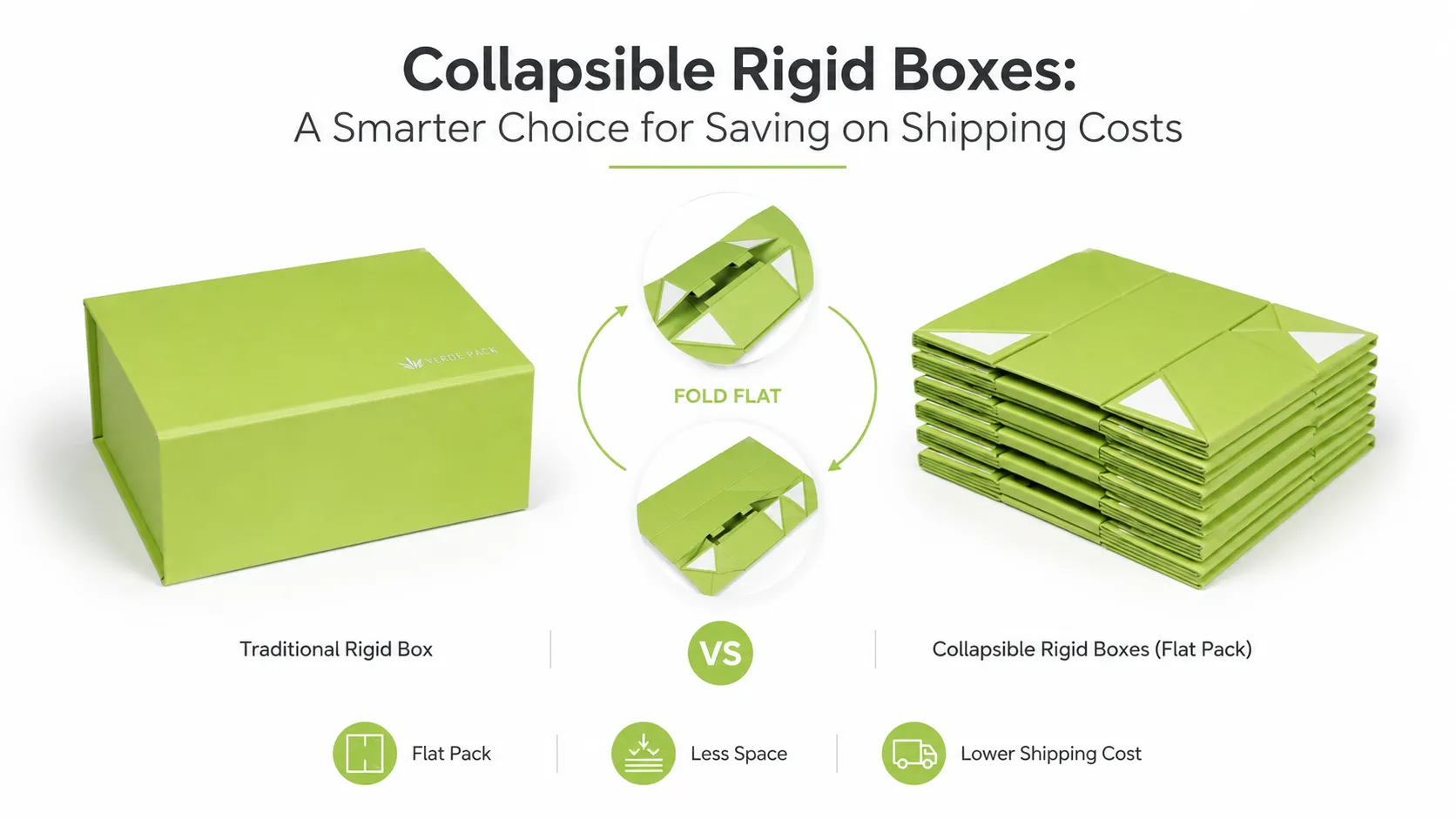 Traditional rigid box vs flat packed foldable rigid boxes infographic, less storage space and lower freight fees, China packaging factory Crown Win Box Manufacturer