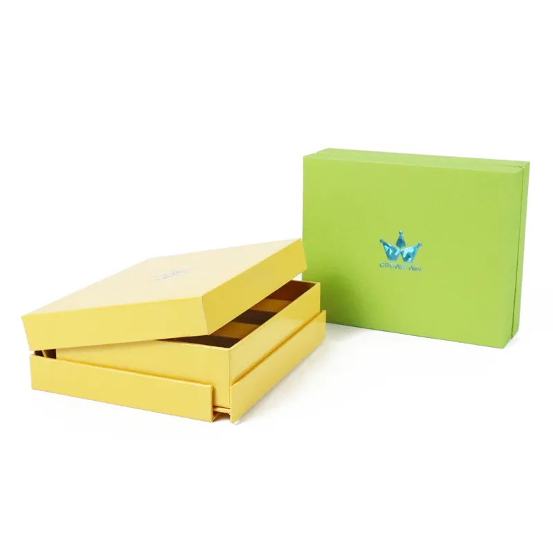 Two styles of bright yellow and fresh green magnetic flip lid essential oil boxes open interior view with custom 2-slot white paper divider insert