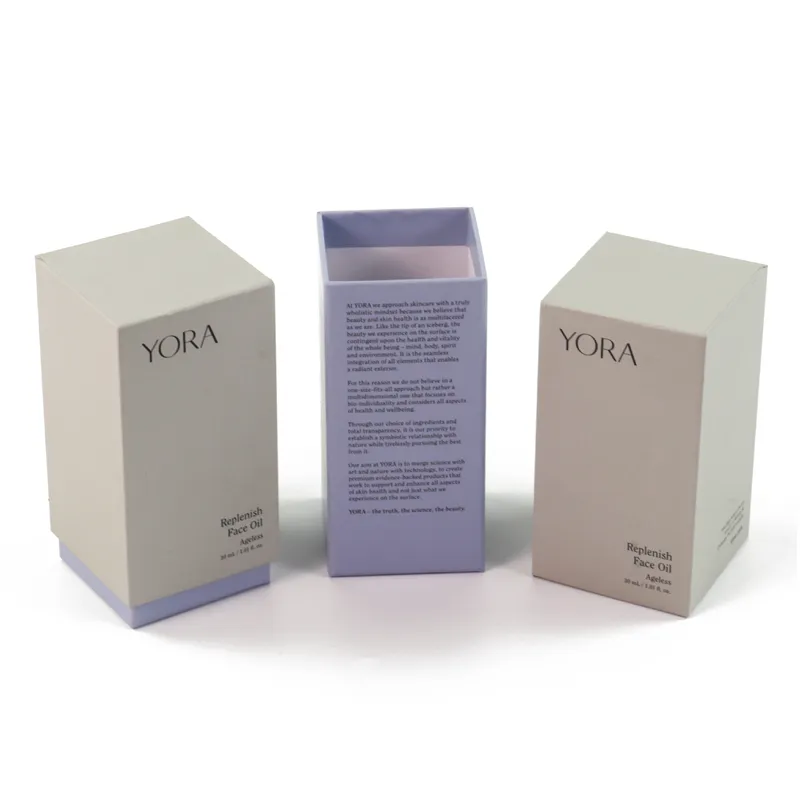 Two piece sliding sleeve base skincare packaging boxes in off-white and lilac matte finish, custom brand logo printed cosmetic boxes for face oil bottles
