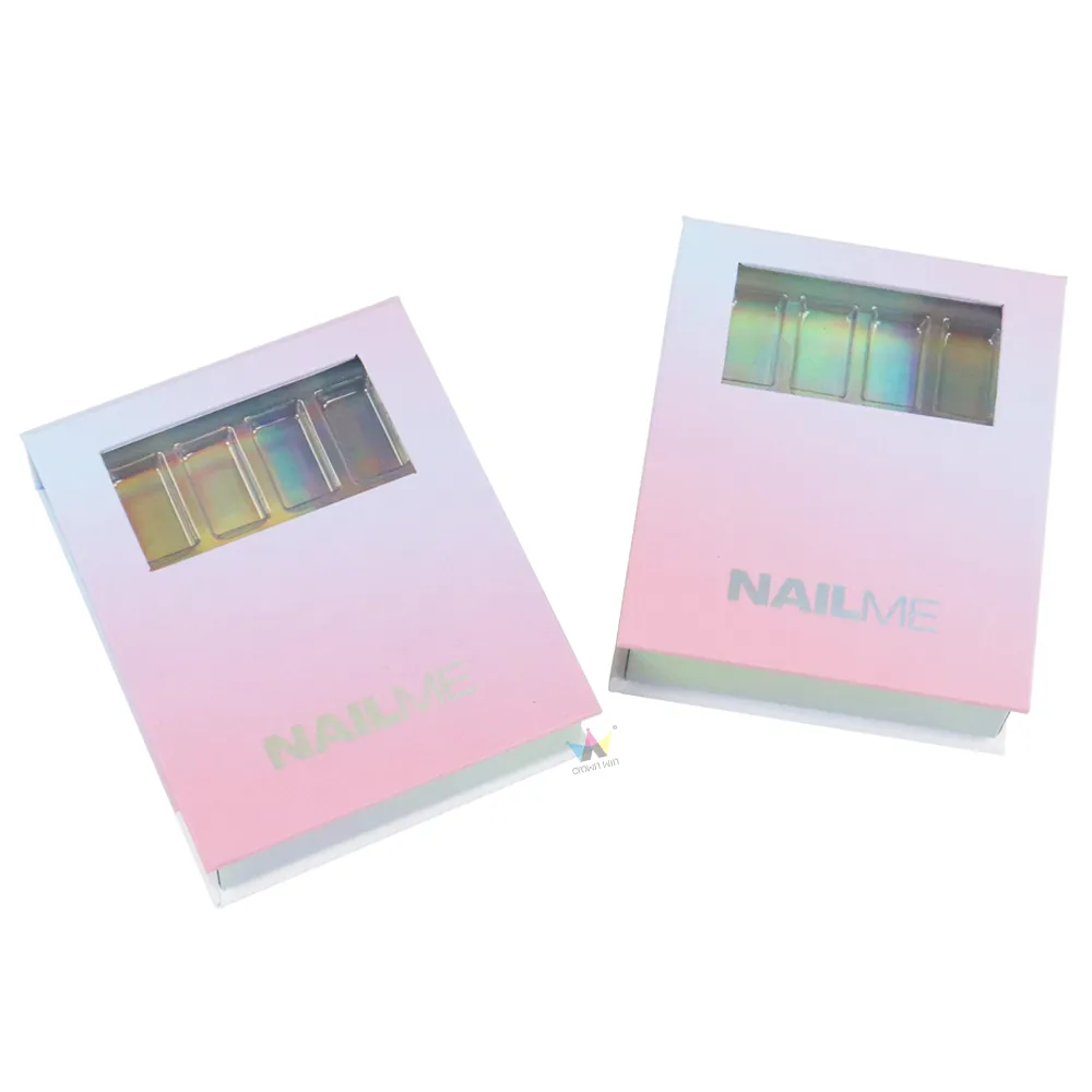 Two sizes of pastel gradient window box packaging stacked side-by-side, custom magnetic gift boxes for false nail retail packaging