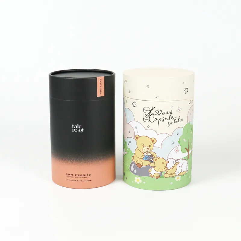 Two styles of gradient matte and cute bear cartoon printed cylinder boxes standing side by side, slide lid rigid paper tube gift packaging for baby care kits