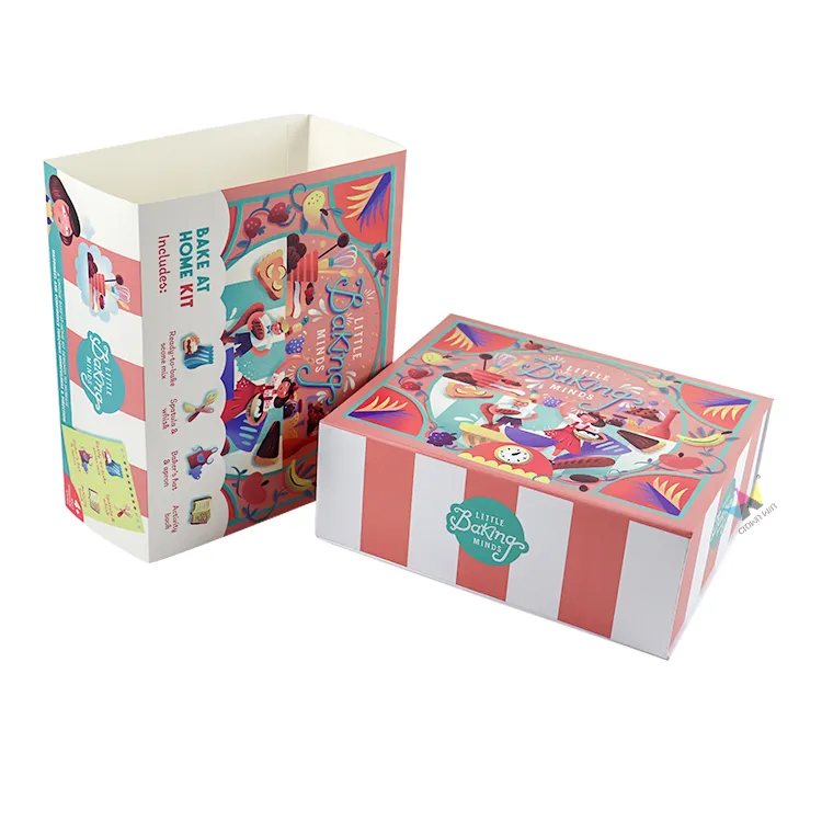 Two design versions of custom printed magnetic box, pink stripe and teal diamond pattern kit packaging