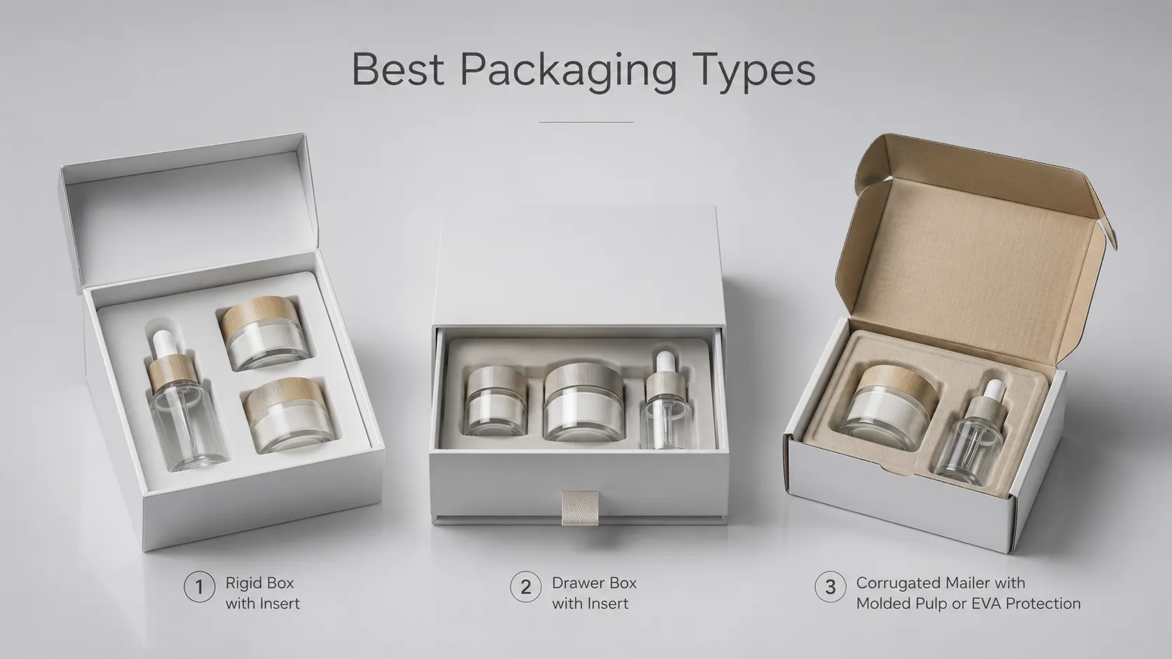 Comparison of rigid box, drawer box and corrugated mailer box with molded pulp & EVA inserts for glass cosmetic bottles