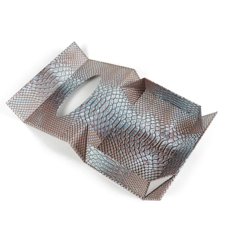 Unfolded flat blank collapsible window box packaging with pre-scored crease lines, flat pack tissue window box packaging ready for assembly