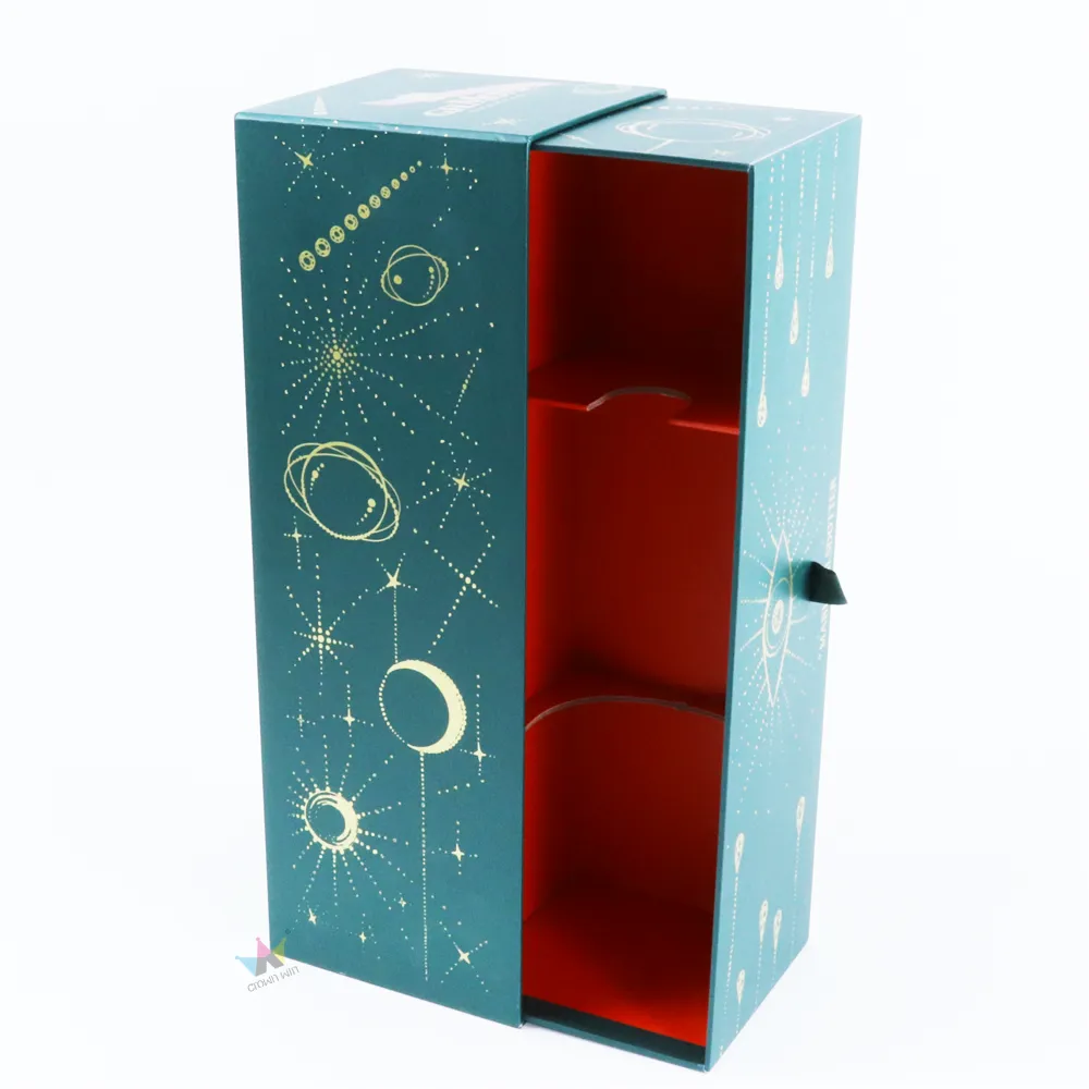 Vertical single-bottle star moon foil printed slide drawer box, side view of rigid liquor gift drawer packaging