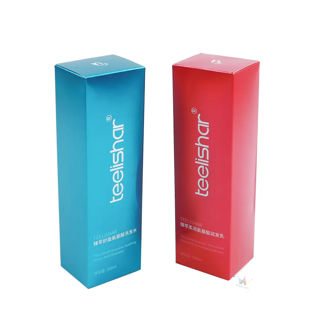 Vertical standing pair of metallic tuck folding cartons, red conditioner box and cyan shampoo box with glossy reflective metallic finish