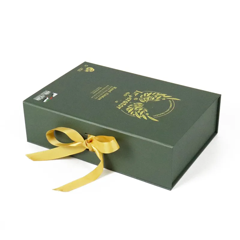 Vertical standing book-style magnetic closure box, premium packaging for extra virgin olive oil bottles