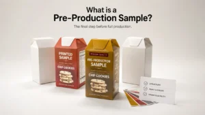Diagram explaining what a pre-production sample is for custom cookie packaging, verifying box structure, print color and finishing quality before mass production at Crown Win Box factory