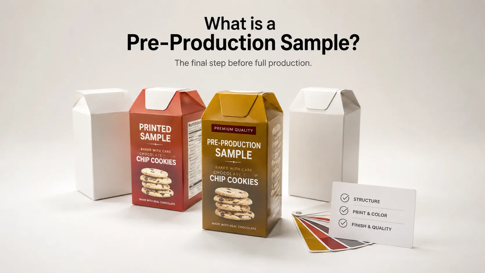 Diagram explaining what a pre-production sample is for custom cookie packaging, verifying box structure, print color and finishing quality before mass production at Crown Win Box factory