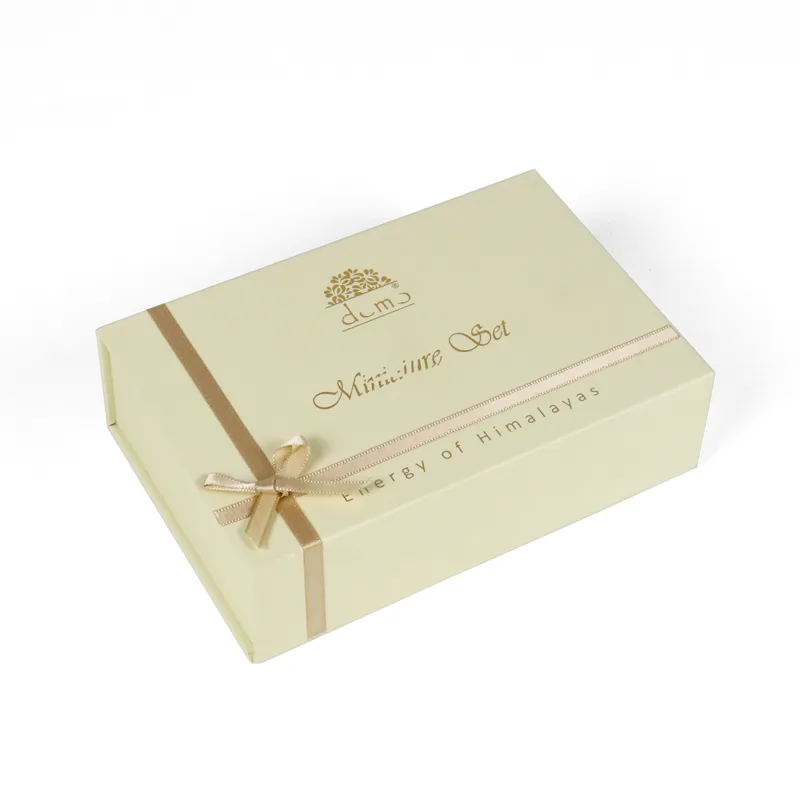 Wide open top-down view silk lined skincare packaging box holding complete miniature facial care kit, gift-grade magnetic skincare packaging for beauty brands
