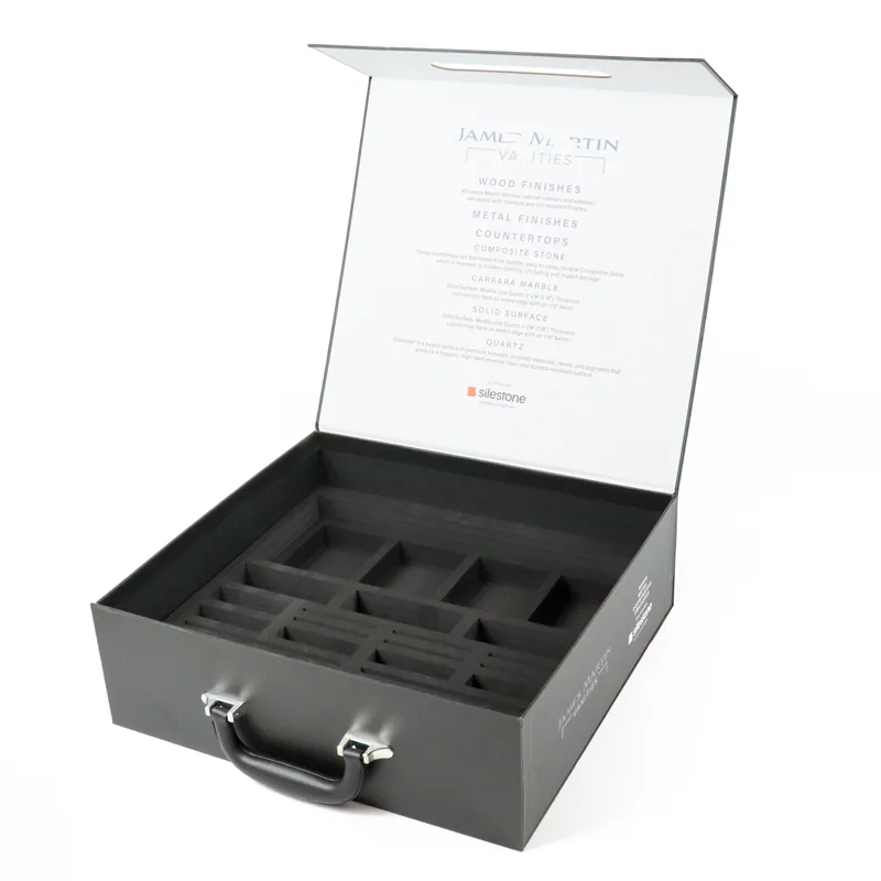 Wide open magnetic closure boxes with full custom printed material finish specification text on white inner lid panel, rigid sample kit magnetic closure boxes