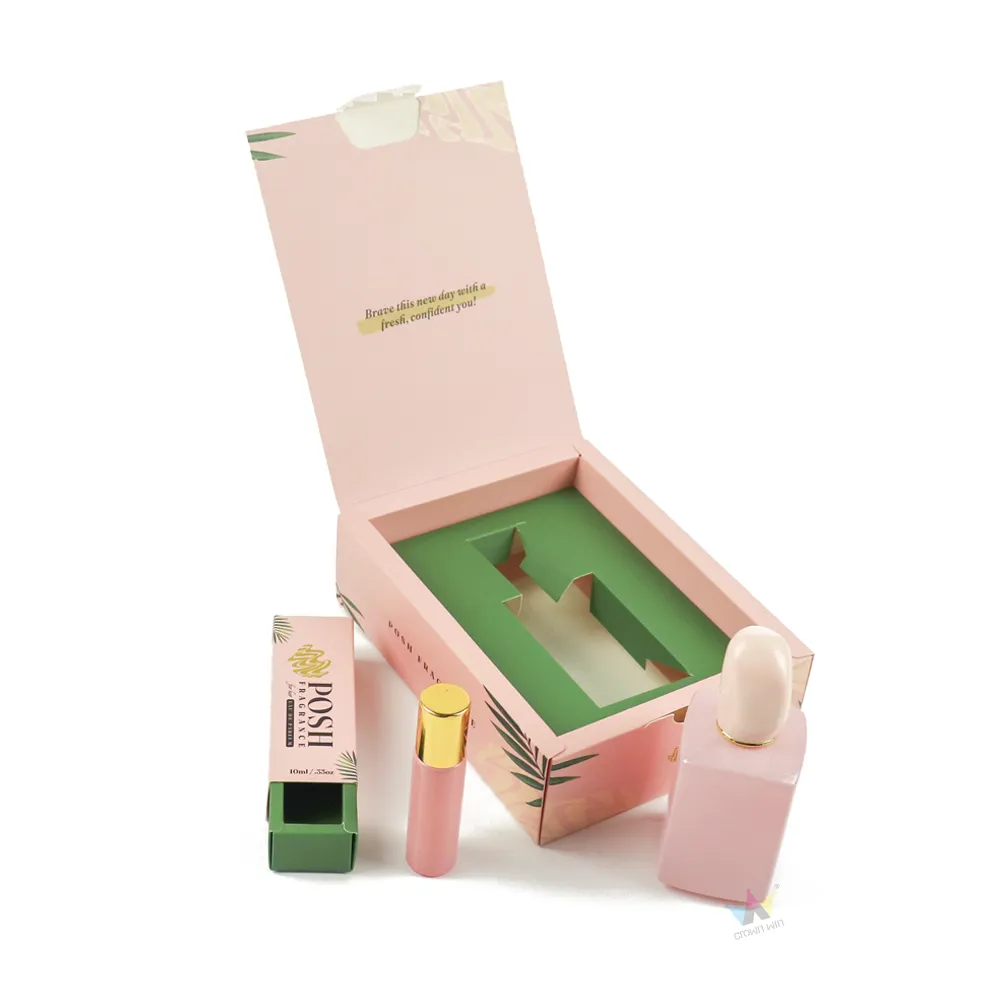 Pink tropical leaf flip top printed perfume box set with square parfum bottle and mini roller tube, custom logo luxury perfume gift box