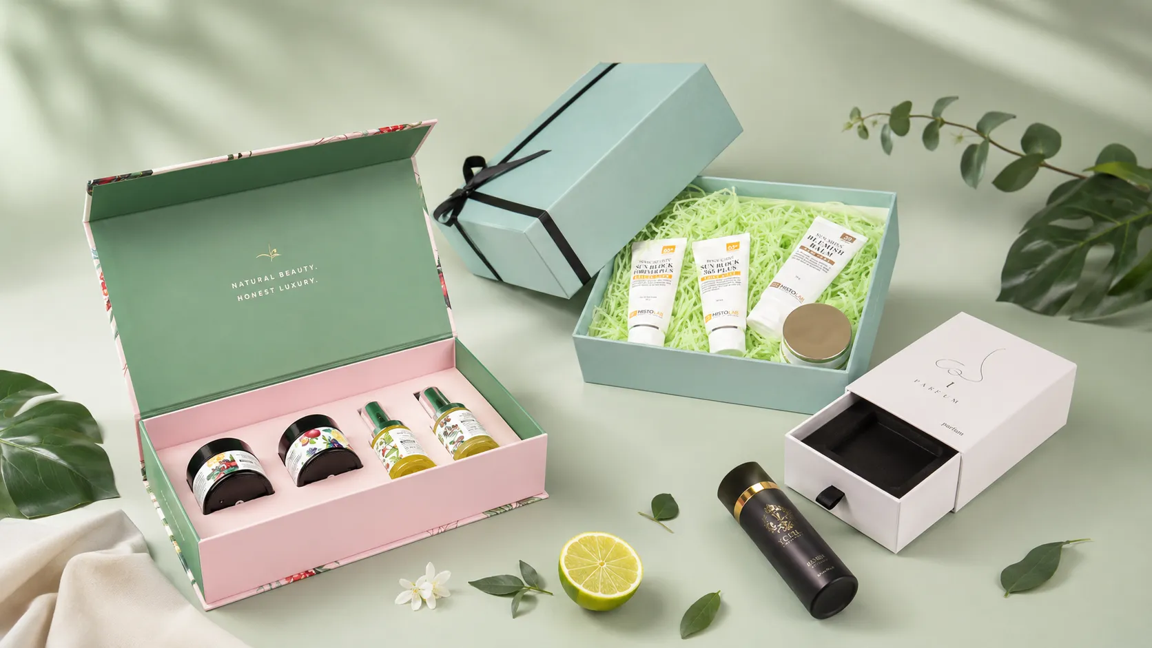 Premium presentation for skincare sets, high-value jars, serums and launch collections.