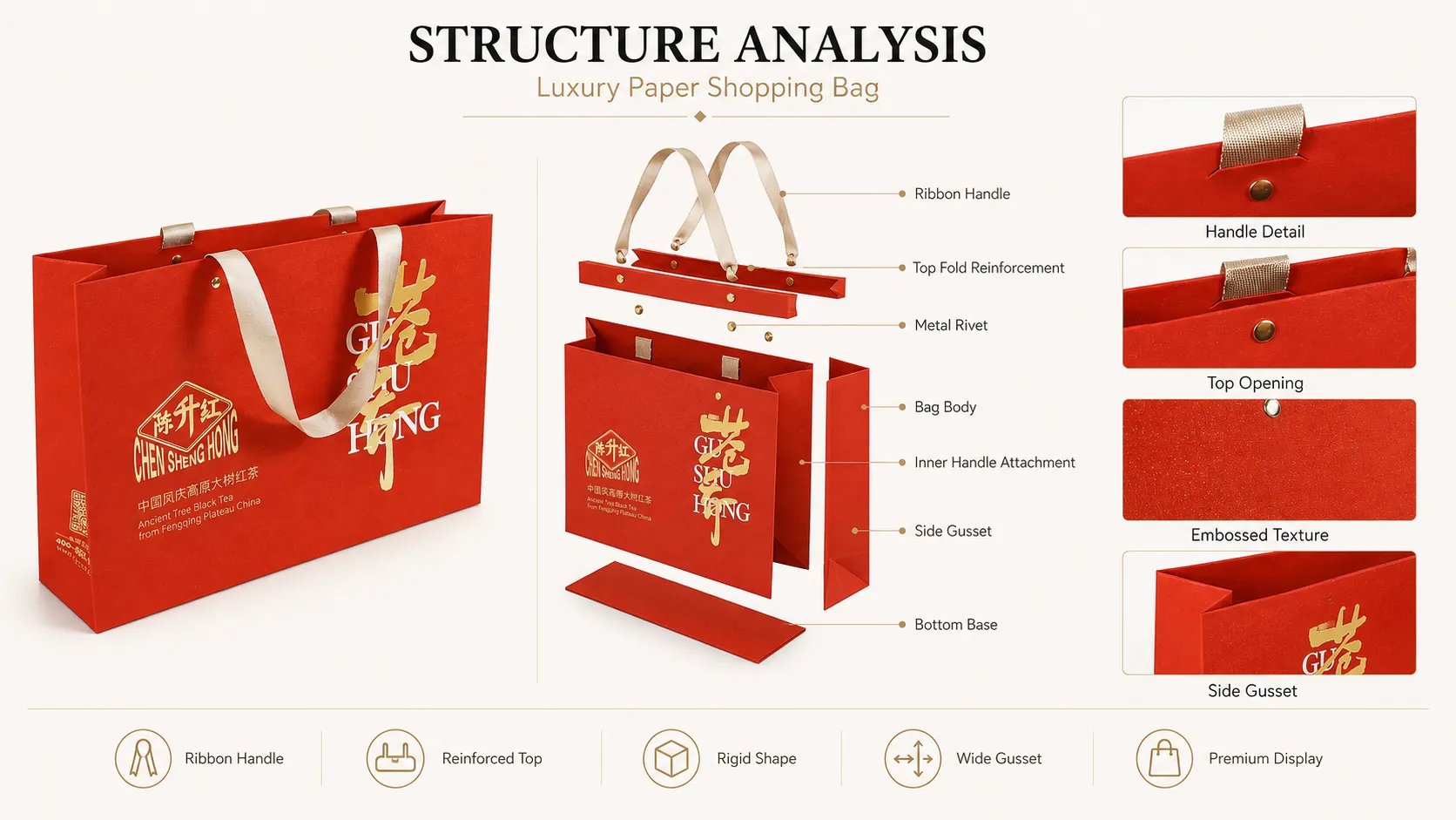 Custom Luxury Tea Packaging Paper Gift Bags, Hot Foil Printed Custom Logo Tea Brand Handbags-Structure