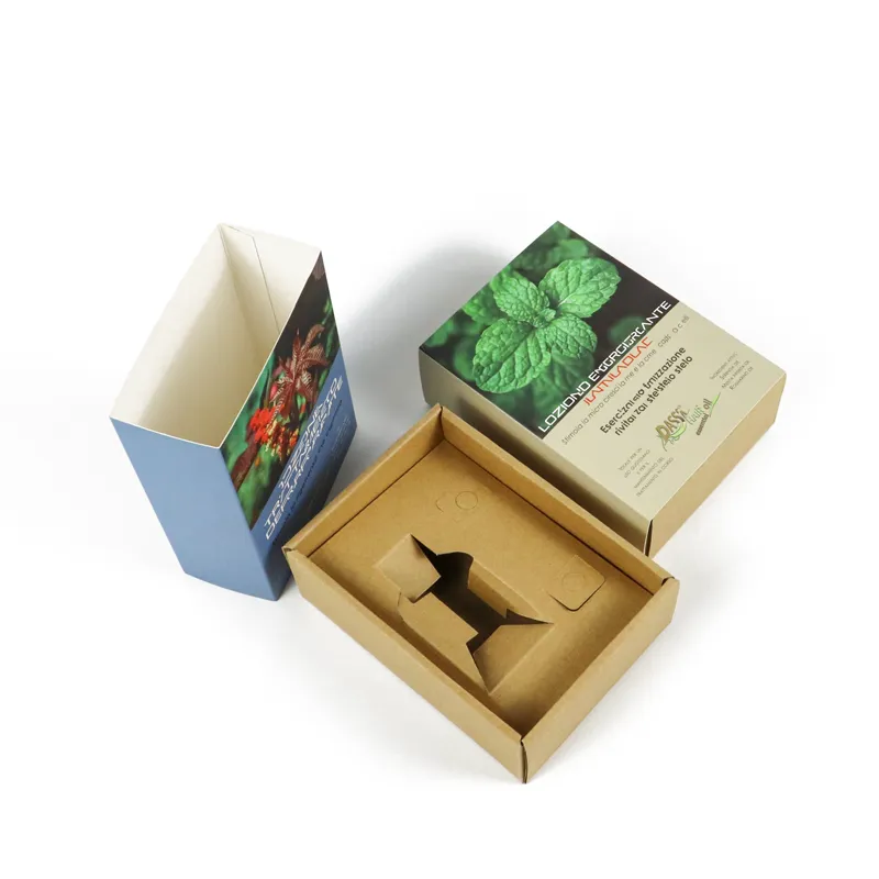 Multiple custom essential oils boxes with nature‑themed full‑color printing for aromatherapy herbal skincare product