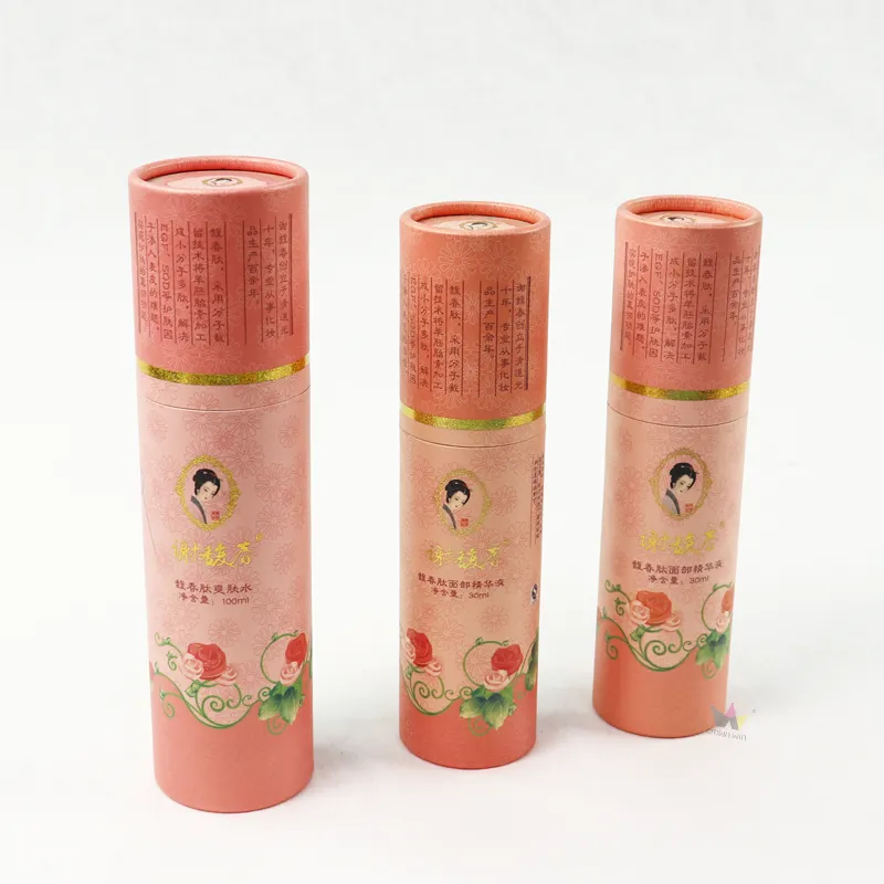 Bulk custom paper tube skincare packaging collection, vintage printed cylinder boxes for toner and serum beauty products