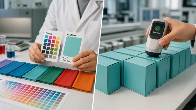 Packaging factory QC checking color with spectrophotometer and Pantone CMYK swatches to avoid sample‑bulk order color differences