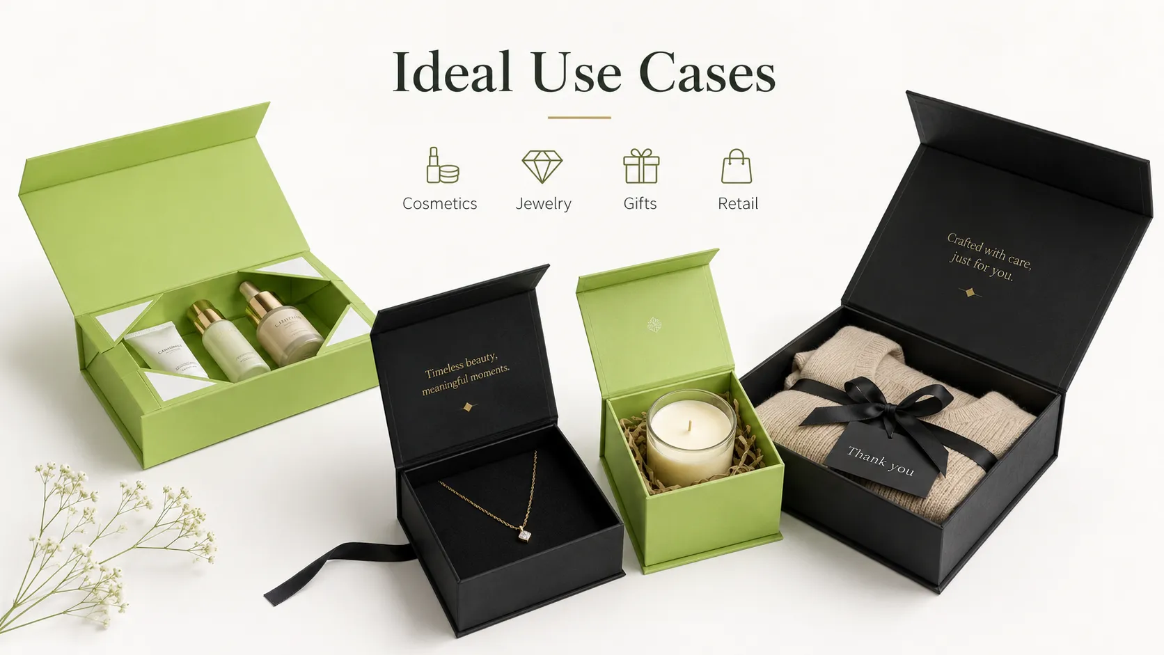 Benefits of magnetic closure boxes infographic, premium look easy assembly and secure closure features with green rigid gift boxes