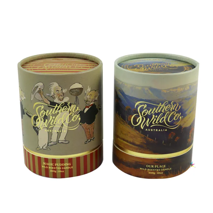 Custom printed paper tube candle boxes top lid detail with vintage artwork and gold foil logo