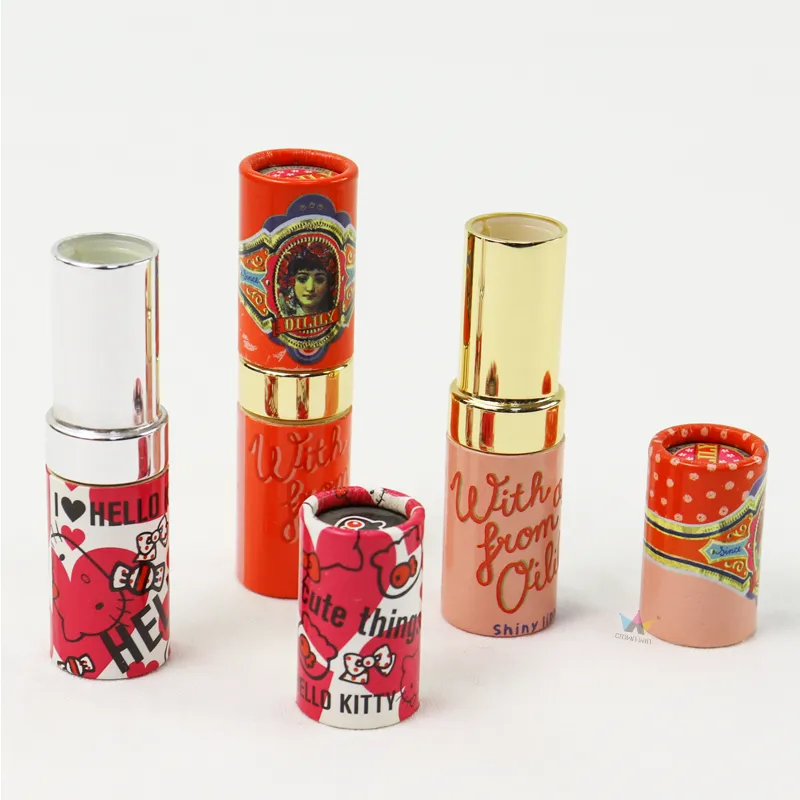 Cartoon printed cosmetic boxes, eco-friendly cylindrical paper tube packaging for lipstick and lip balm