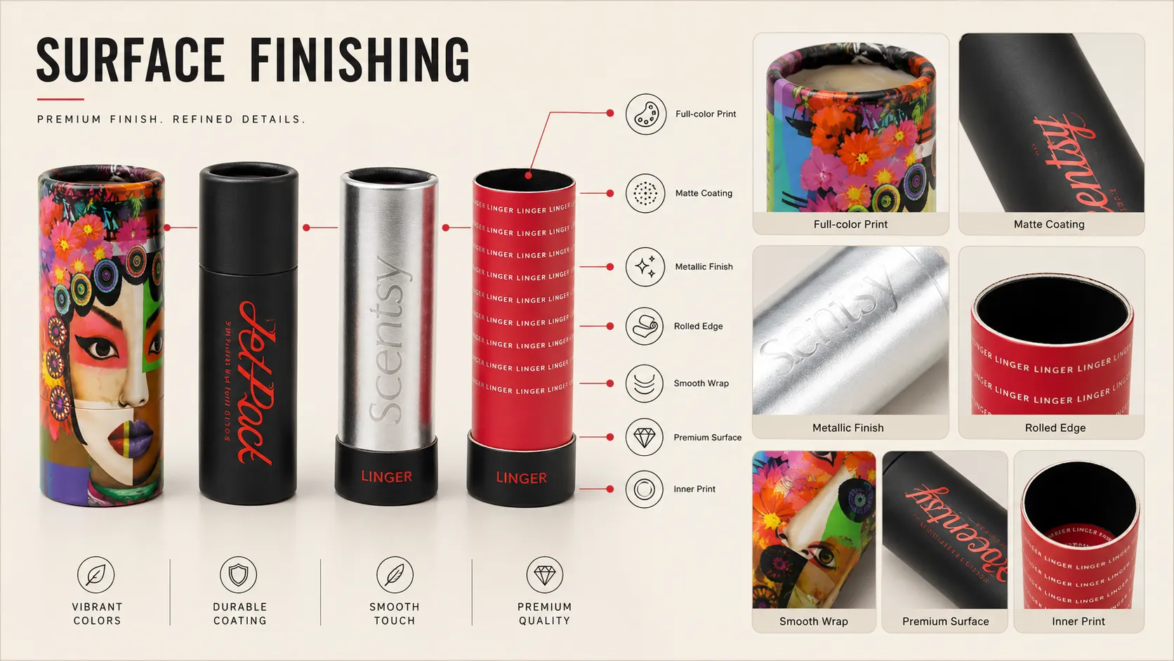 Multiple premium surface finishes for custom paper tube cosmetic boxes: full‑color print, matte coating, metallic finish, rolled edge, smooth wrap and inner print. Delivers vibrant colors, durable coating, smooth touch and premium quality for cosmetic brand packaging.
