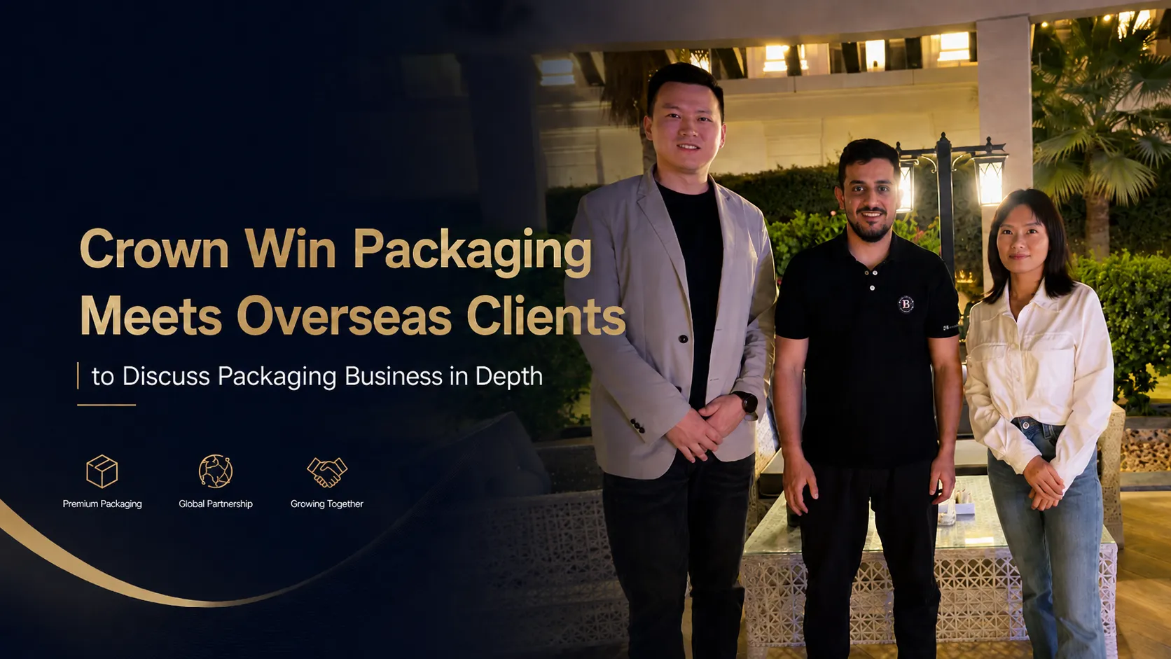 Crown Win Packaging onsite meeting with overseas partner, global partnership for premium custom printed paper packaging