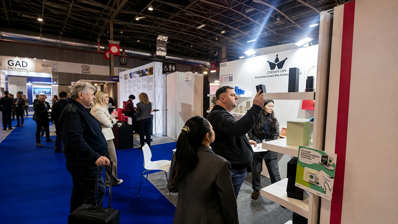 Overseas buyers inspect custom paper packaging samples at Crown Win booth during Paris Packaging Week trade show