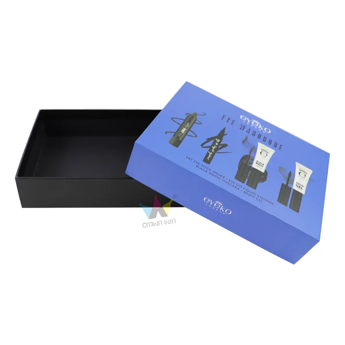 Rigid cosmetic gift boxes blue printed eye makeup kit box lid separated