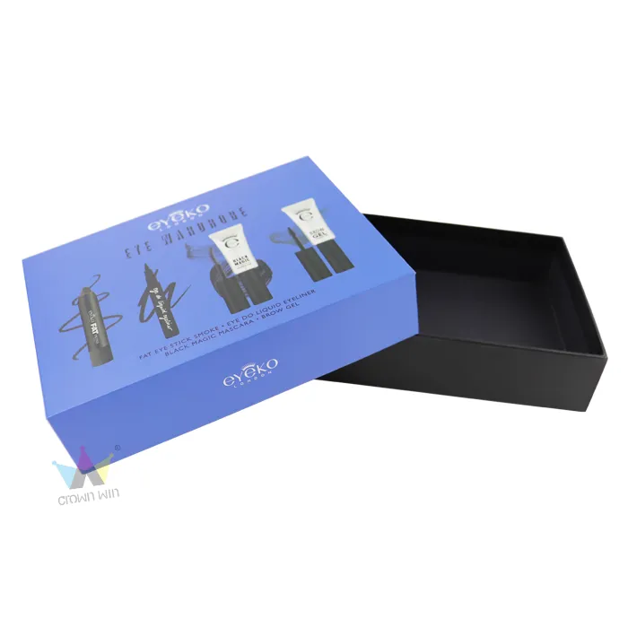 Custom cosmetic boxes rigid lid base eye makeup gift set packaging box open view