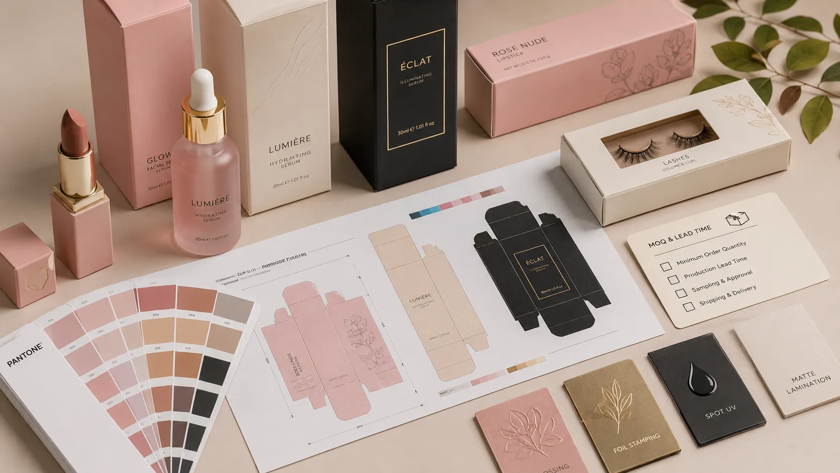 Custom cosmetic box dieline, pantone colour swatches and finishing samples for beauty packaging pre‑order planning