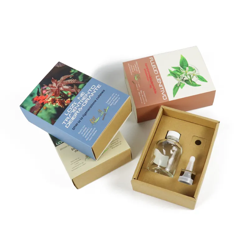 Custom essential oils boxes lid‑base two‑piece cosmetic packaging with die‑cut kraft paper insert for glass essential oil dropper bottle